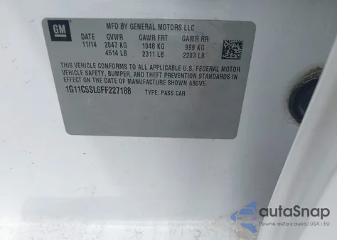 2015 Chevrolet Malibu 1Lt from USA, damaged, VIN 1G11C5SL6FF227188